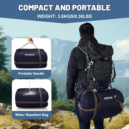 Double Sleeping Bag for Adults Machine Washable 2 Person Camping Sleeping Bag Queen Size Waterproof with Compression Sack for Cold Weather 3-4 Seasons