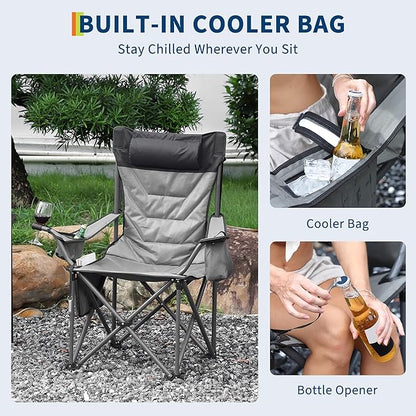 GAOMON Oversized Padded Camp Chair，Heavy Duty Camping Chair 500Lbs Capacity with High Back Support & Headrest, Folding Portable Camping Chair for Beach, Fishing, Backyard,1 Pack