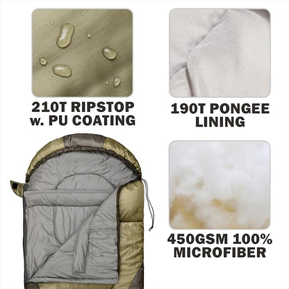 0 Degree Winter Sleeping Bags for Adults Camping (450GSM) - Temp Range (5F–32F) Portable Waterproof Compression Sack- Camping Sleeping Bags for Big and Tall in Env Hoodie: Backpacking Hiking 4 Season