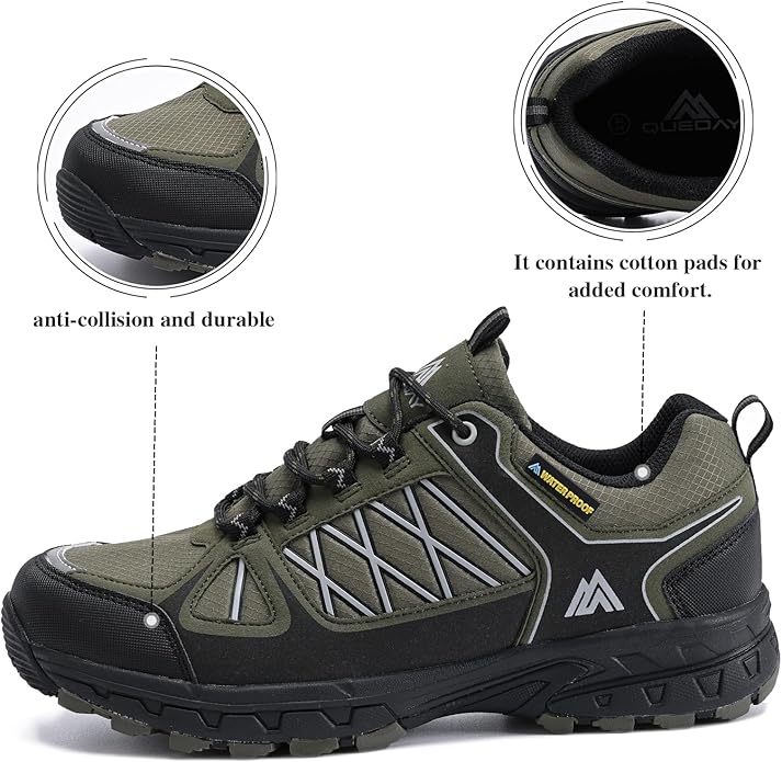 Queday Men's Waterproof Hiking Shoes Lightweight Anti Slip Outdoor Ankle Boots Breathable Hike Trekking Trails Shoe