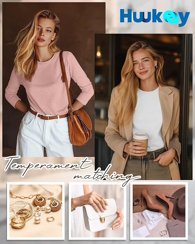 Huukeay 5 Pack Women's Crew Neck Long Sleeve Shirts, Cotton Blend Casual Clothes Workout Basic Layering Tee Tops Multipack