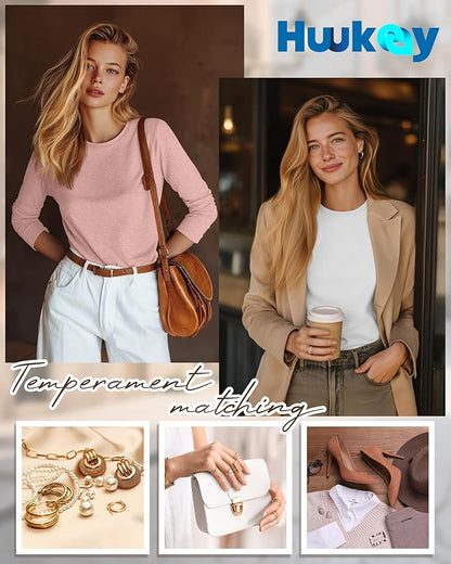 Huukeay 5 Pack Women's Crew Neck Long Sleeve Shirts, Cotton Blend Casual Clothes Workout Basic Layering Tee Tops Multipack