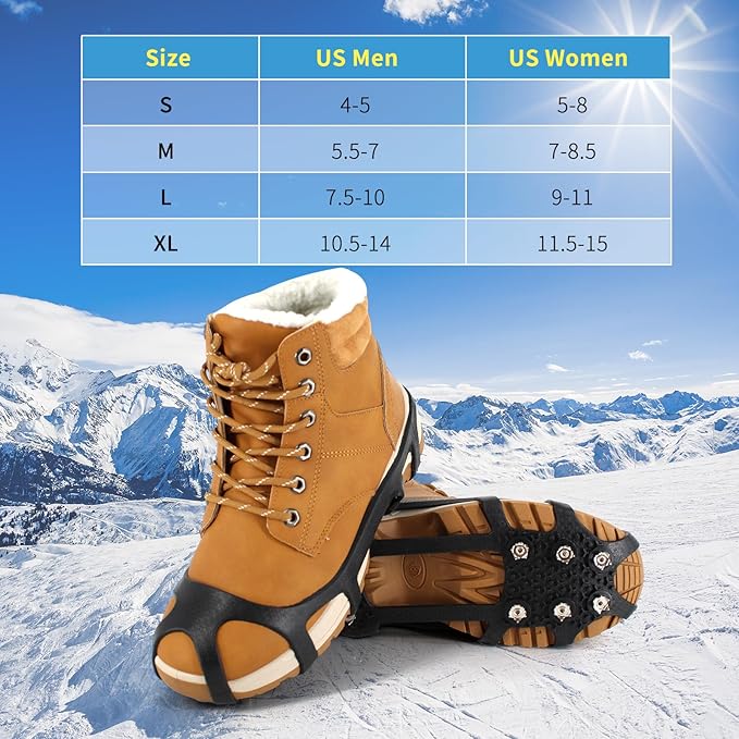 Ice Cleats Snow Grips, Non-Slip Traction with 9 Spikes Crampons, Upgraded Version Stainless Steel, for Shoes/Boots, Snow Ice Walking