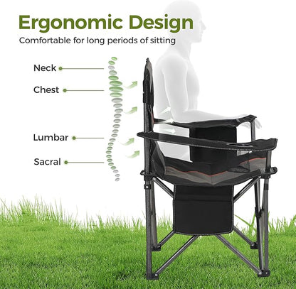 ALPHA CAMP Oversized Camping Chair Heavy Duty Lawn Chair with Cooler Bag Support 450 LBS Steel Frame Collapsible Padded Arm Quad Lumbar Back Folding Chair for Lawn Outdoor