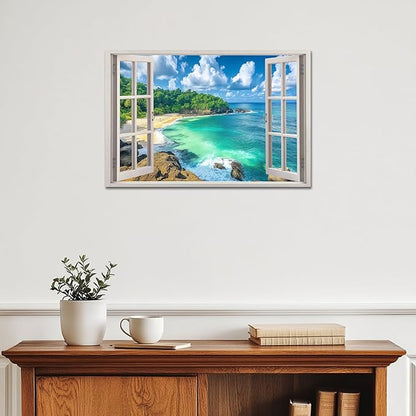 ANRUOXI Beach Window Canvas Wall Art, Enclosed Bedroom Living Room Ocean Coastal Channel Scene Picture, Tropical Sea Landscape Painting Print Artwork Horizontal Seascape Artwork for Bedroom 12x18 Inch