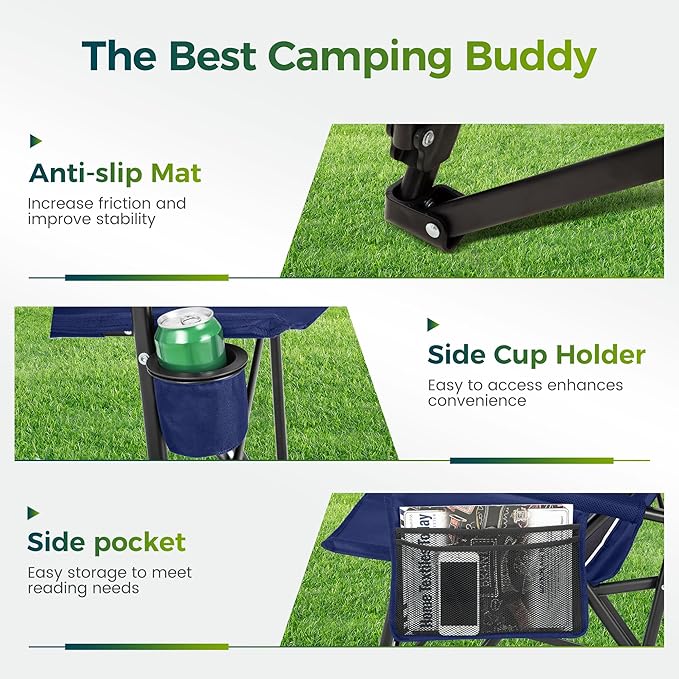 ALPHA CAMP Oversized Folding Camping Chairs High Backrest Heavy Duty Lawn Chairs for Adults Support 500 LBS Portable Camp Chairs with Cup Holders Large Side Pocket Outdoor Chair 2 Pack