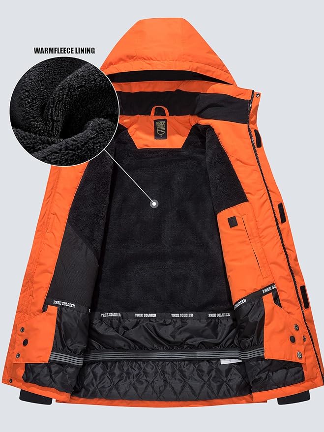 FREE SOLDIER Men's Waterproof Ski Jacket Fleece Lined Warm Winter Snow Coat with Hood Fully Taped Seams