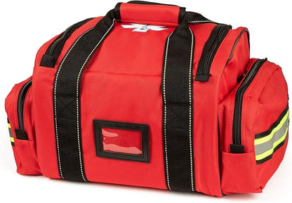 Scherber First Responder Fully-Stocked Large Professional Essentials EMT/EMS Trauma Kit | HSA/FSA Approved | Reflective Bag w/8 Zippered Pockets & Compartments & 250+ First Aid Supplies (Red)
