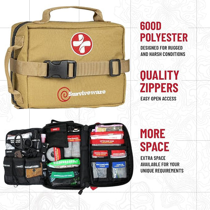 Surviveware 119 Pcs Comprehensive Premium Survival First Aid Kit - Medical Emergency Kit for Travel Camping Gear, Home Essentials & Outdoor Emergencies - HSA & FSA Eligible Survival Kit