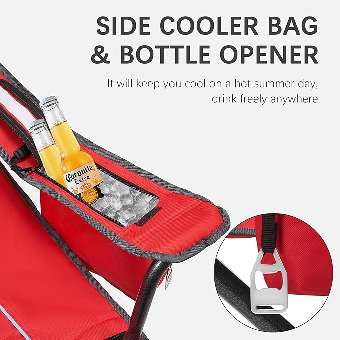 Oversized Folding Camping Chair for Adults - 450lbs Support - Heavy Duty Portable Lawn Chairs with Side Pocket Cup Holder Cooler Bag for Sports Garden Beach Fishing, Red 2 Pack