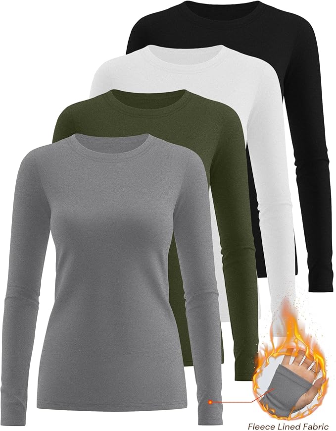Neer 4 Pack Women's Fleece Thermal Long Sleeve Shirts, Thumb Holes Crew Neck Slim Fit Tops Warm Workout Basic Undershirt
