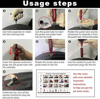 Richcat Tubeless Tire Puncture Repair Kit with Mushroom Plug, Repairs punctures and Flat Tires for Motorcycles, Cars, Trucks, ATVs and Tractors