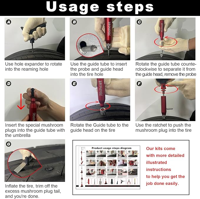 Richcat Tubeless Tire Puncture Repair Kit with Mushroom Plug, Repairs punctures and Flat Tires for Motorcycles, Cars, Trucks, ATVs and Tractors