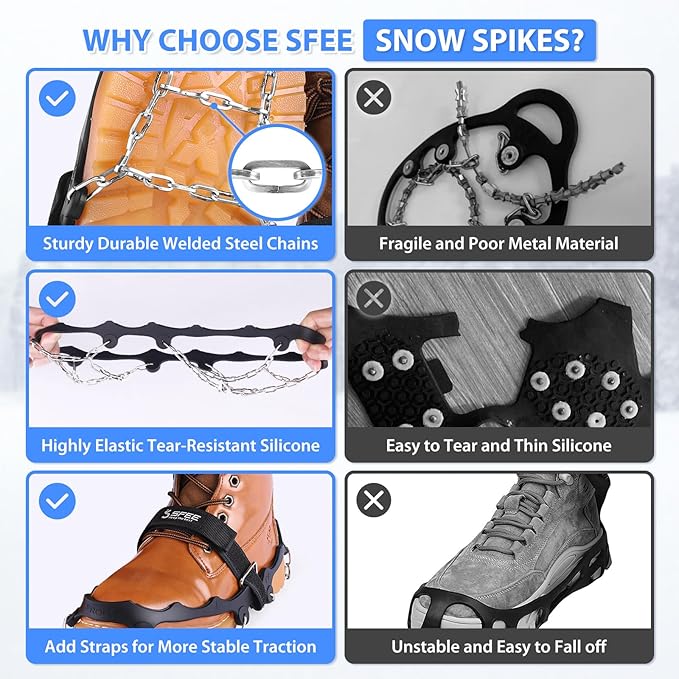 Sfee Crampons Ice Cleats for Shoes and Boots, Stainless Steel Chains Ice Grippers for Shoes and Boots Non Slip Gripper Spikes, Traction Cleats for Snow and Ice, Hiking, Walking, Climbing, Ice Fishing