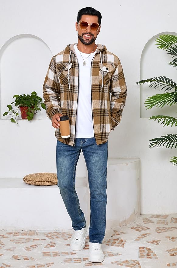 Men's Zip Up Flannel Shirt Jacket Fleece Lined Long Sleeve Plaid Coat Heavyweight Hoodie with Hood