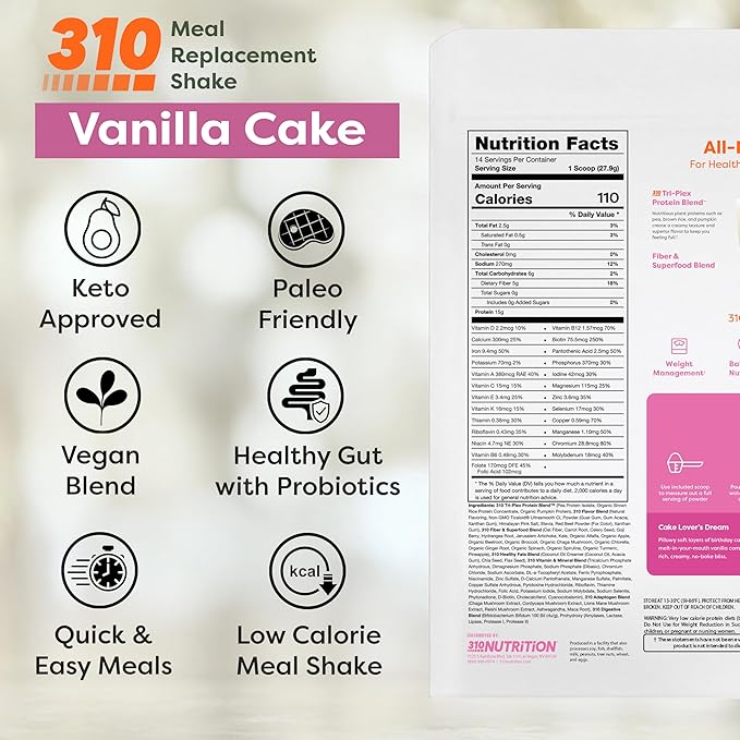 310 Nutrition All-In-One Meal Replacement Shake Powder - Plant-Based Protein Smoothie Blend w/High Fiber, Probiotics & Adaptogens - Low Carb, Vegan, Keto & Paleo Friendly - Vanilla Cake - 14 Srv