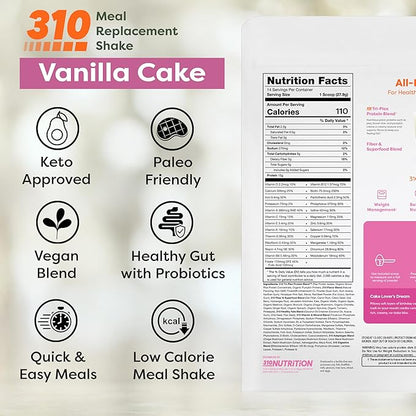 310 Nutrition All-In-One Meal Replacement Shake Powder - Plant-Based Protein Smoothie Blend w/High Fiber, Probiotics & Adaptogens - Low Carb, Vegan, Keto & Paleo Friendly - Vanilla Cake - 14 Srv