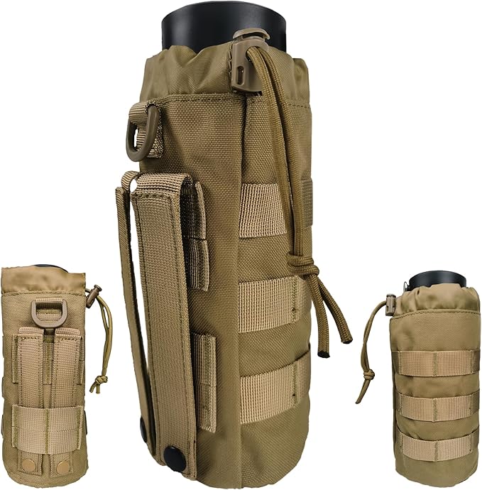 Tactical MOLLE Water Bottle Holder, Upgraded Water Bottle Pouch with Drawstring Open Top & Mesh Bottom, 16/24/25/32oz Water Bottle Carrier Bag with D-Ring Hook for Backpack