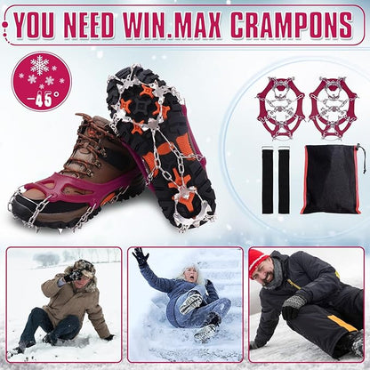 WIN.MAX Crampons for Shoes, Traction Cleats Ice Snow Grips with 19 Stainless Steel Spikes, Shoe Talons Anti - Slip Boots Spikes for Walking, Jogging, Climbing and Hiking