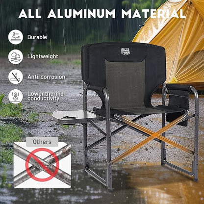TIMBER RIDGE Aluminum Oversized Camping Chair, Lightweight Portable Directors Chair with Side Table Detachable Side Pocket for Outdoor Camping, Lawn, Picnic, Support 400lbs Black 2 Pack