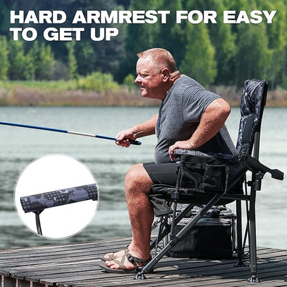 X Strike Oversized Folding Fishing Chair with Rod Holder Heavy Duty 350LBS, Feet Adjustable Padded Camping Chair with Cup Holder Side Pocket Hard Armrest