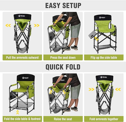 VILLEY Tall Directors Chair, Folding Camping Chairs, Makeup Artist Chair with Foot Rest, 900D Fabric for Tailgating Camp Lawn Picnic Fishing Beach, Supports 350 LBS, Green