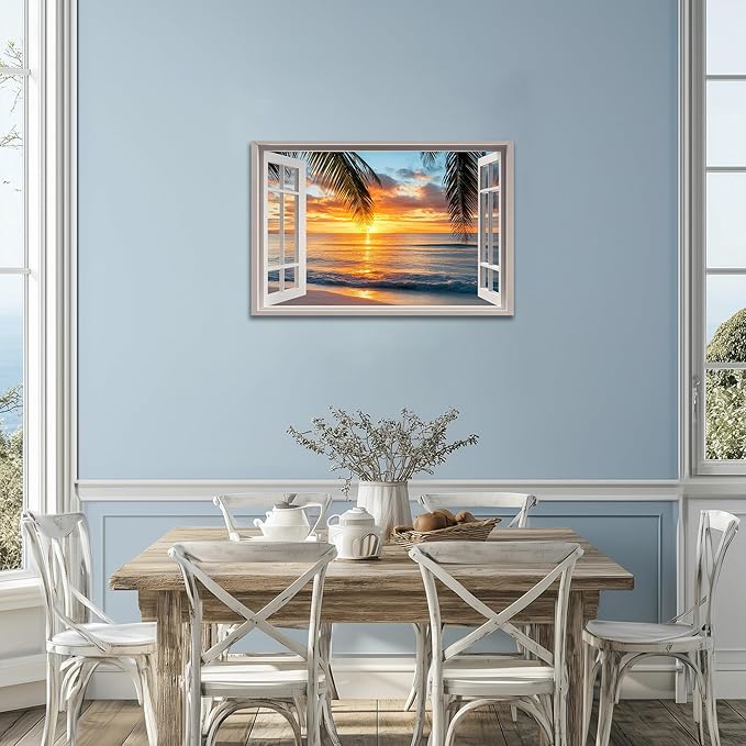ANRUOXI Beach Picture Wall Art for Living Room, Ocean & Sunset Painting Decor for Bedroom, White Window Frame Style Sea Canvas Wall Decor, Summer Coastal Landscape Artwork for Home Office 24x36 Inch