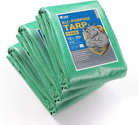GUARD SHIELD Clear Green Tarp Heavy Duty 12x20 Feet Waterproof for Greenhouse Outdoor Garden Poly Cover UV Resistant 3x3 Weave 10mil (3-Pack)