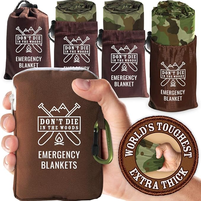 Don't Die In The Woods - Extra Thick Emergency Blankets [4-Pack] World’s Toughest Thermal Mylar Space Blanket | Outdoor Survival Gear for Hiking Camping First Aid Kit (Camo)