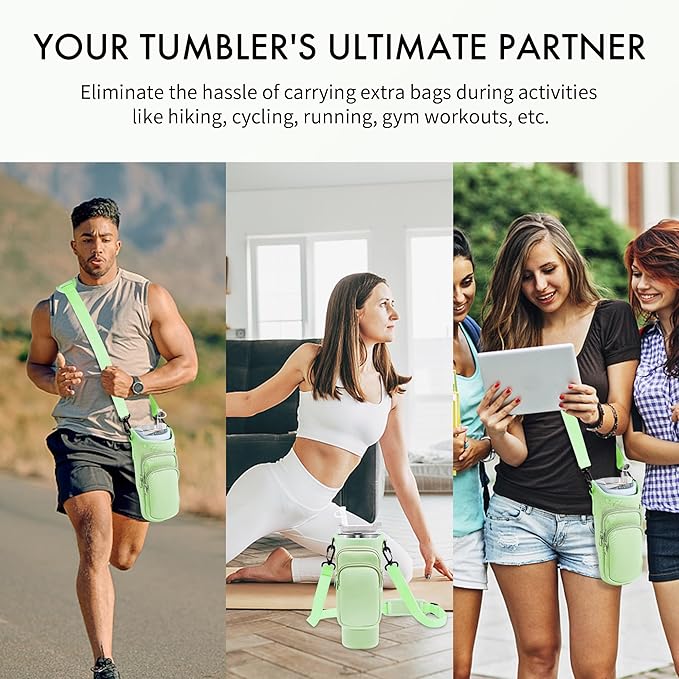 Water Bottle Carrier Bag with Phone Pocket for Stanley Cup 40/30 oz, Water Bottle Holder with Adjustable Strap& Straw Cover, Stanley Cup Accessories