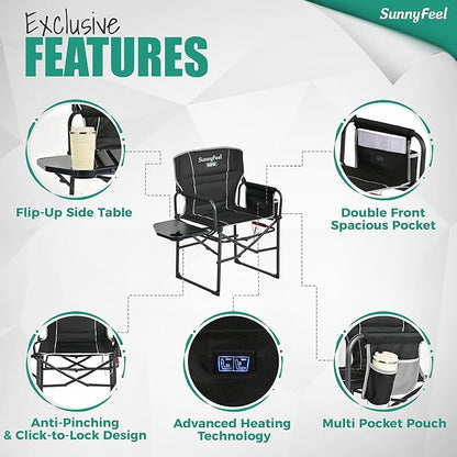 SUNNYFEEL Heated Camping Directors Chair, Heavy Duty,Oversized Outdoor Portable Heating Folding Chair with Side Table, Pocket for Beach, Fishing,Trip,Picnic,Lawn,Concert Foldable Camp Chairs