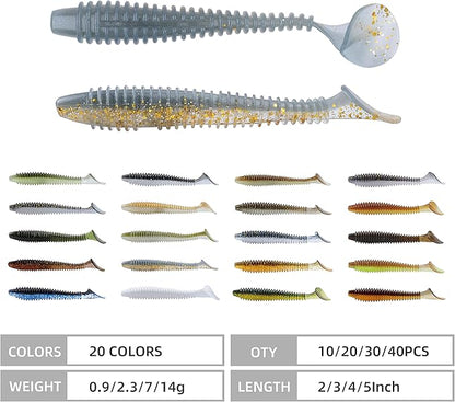 RUNCL Swimbaits Paddle 10/20/30/40PCS, 5/4/3/2 Inchs Paddle Tail, Soft Lure for Trout Crappie Bass, Durable Plastic Bait Swimmer for Saltwater/Freshwater, Fishing Lover's Gift