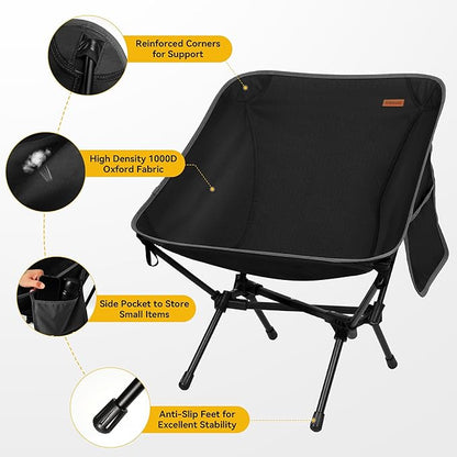 TOBTOS 2 Pack Ultralight Camping Chair, Portable Folding Backpacking Chair, Compact Camping Chair with Carry Bag for Outdoor Camp Hiking Backpack Beach Travel (Black)