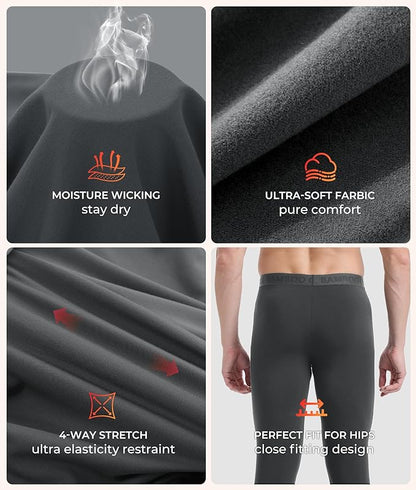 Men's Heavyweight Thermal Underwear Long Johns Bottom with Soft Wool Lining, Stretch Comfortable Base Layer for Cold Weather