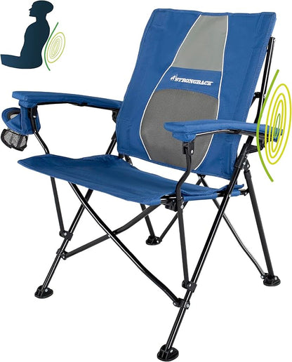 STRONGBACK Elite Folding Camping Lawn Lounge Chair Heavy Duty Camp Outdoor Seat with Lumbar Support and Portable Carry Bag - Navy/Grey