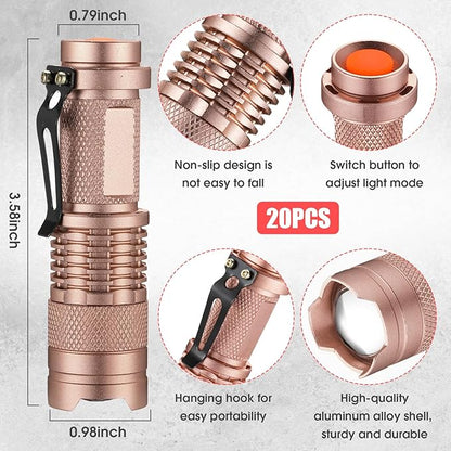 Fumete 20 Pieces LED Flashlight Mini 3 Mode Tactical Torch Small Water Resistant Pocket Flash Light Adjustable Focus Light Pen for Men, Father, Indoor Outdoor Hiking(Bronze)