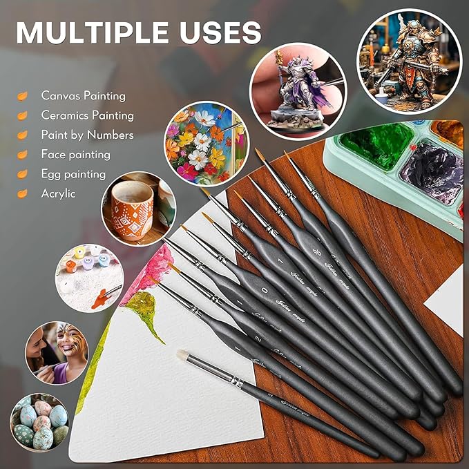 Golden Maple Miniature Paint Brushes Drybrush-10pcs Model Detail Paint Brush Set, Small Fine tip Brushes for Acrylic, Watercolor & Paint by Number, Figurine