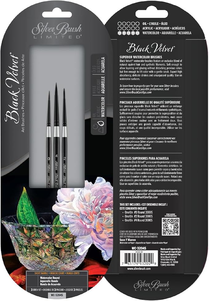 Silver Brush Limited WC-3204s Black Velvet Watercolor Round Set, Set of 3, Sizes 0, 2, and 4 Round Paintbrushes, Short Handle