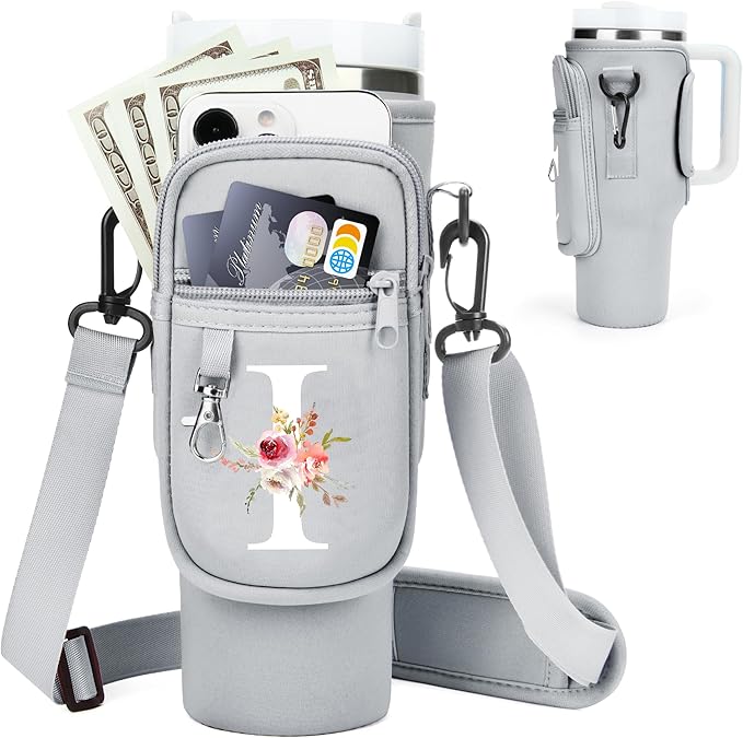Initial Water Bottle Holder with Strap for Stanley 40 oz Tumbler/Simple Modern 40 oz Tumbler,Water Bottle Carrier Bag with Strap,Personalized A-Z Phone Pocket for Stanley Cup Accessories