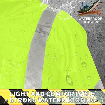 Rain Suits for Men Waterproof，Class 3 Hi Vis Rain Gear with Collapsible Hood， Breathable Safety Rain Jacket with Inner Mesh Lining and pocket，Reflective Waterproof Pants L/XL