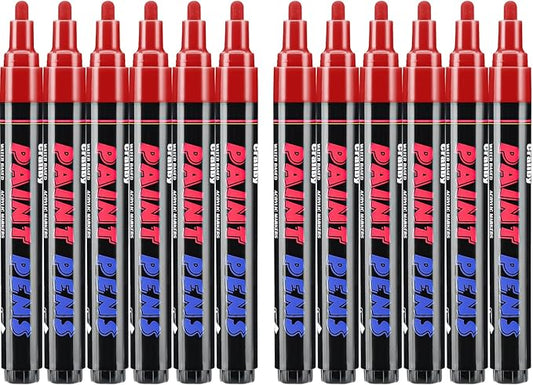 Red Paint Pens Paint Markers - 12 Pack Permanent Quick Dry Waterproof Marker Pens for Rocks Wood Fabric Plastic Canvas Glass Mugs Metal Tire Stone