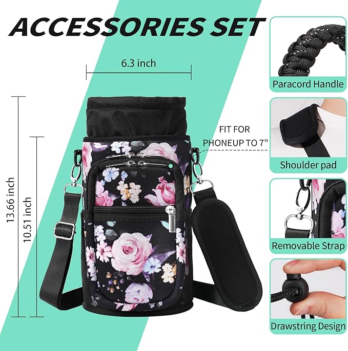 32/40/64/87/128 oz Water Bottle Carrier Bag, Neoprene Water Bottle Sleeve with 4 Pocket, Sport Water Holder with Paracord Handle and Shoulder Strap for Walking Hiking Camping Gym