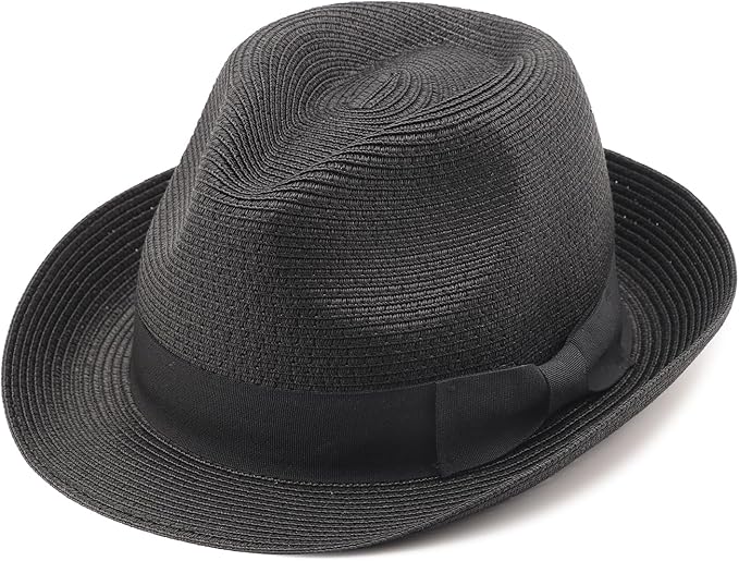 DRESHOW Women Straw Sun Hat Short Brim Panama Travel Fedora Beach Cap Roll up Summer Hat for Women Men UPF 50+