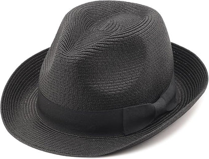 DRESHOW Women Straw Sun Hat Short Brim Panama Travel Fedora Beach Cap Roll up Summer Hat for Women Men UPF 50+