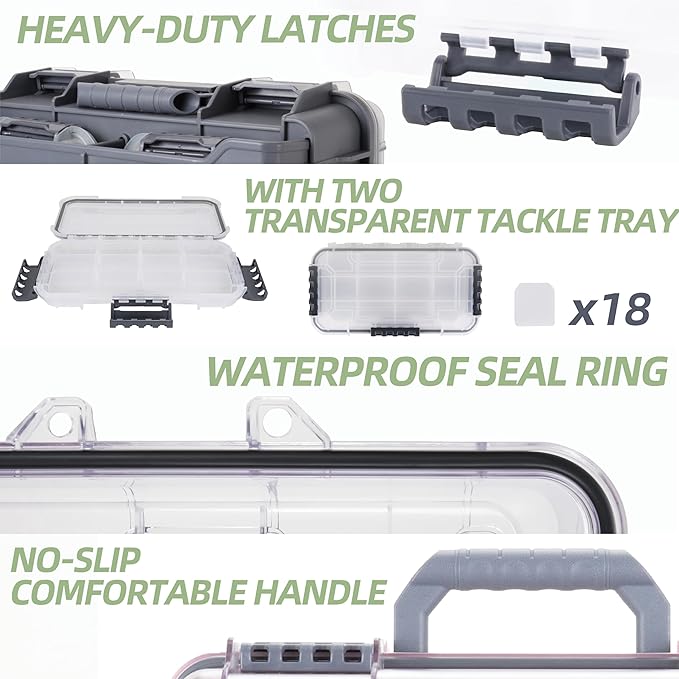 RUNCL Universal Fishing Tackle Box with Two Small Tackle Tray, Removal Inside Design Waterproof Trunk Storage Box, Thicker Floating Airtight Stowaway, Xmas Surprise Fishing Gifts for Men Women