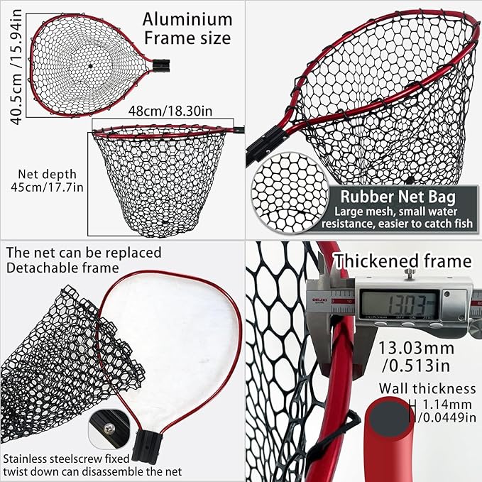 Telescoping Metal Lock Fishing Net with Handle Red Green 64" 52" 3-Section Rubber Fish Net - Adjustable Length Lightweight Foldable Large Big Collapsible Extendable Fishing Net