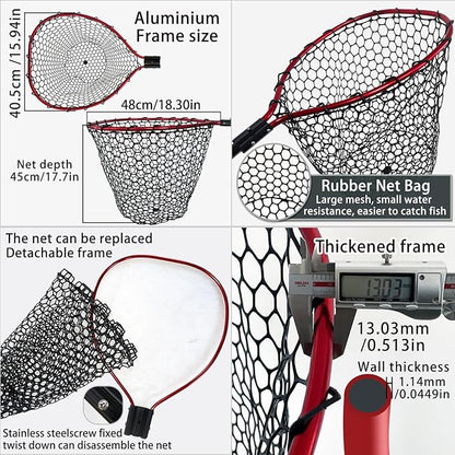 Telescoping Metal Lock Fishing Net with Handle Red Green 64" 52" 3-Section Rubber Fish Net - Adjustable Length Lightweight Foldable Large Big Collapsible Extendable Fishing Net