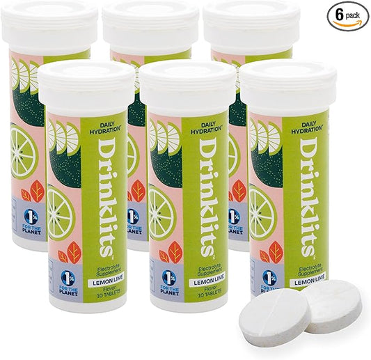 Drinklits Lemon Lime Electrolyte Fizzy Hydration Tablets (6) Tube Bundle | 0g Sugar - Natural Sports Drink - Essential Electrolytes | 60 Servings - 10 Tablets Per Tube