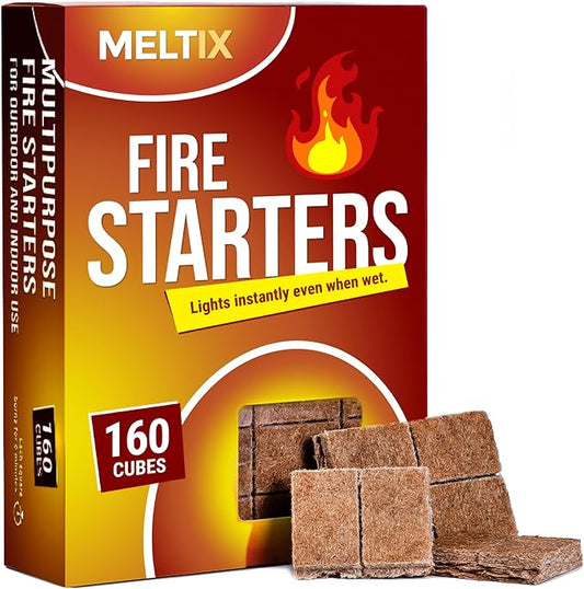 MELTIX 160pk All-Natural Fire Starters for Campfires, BBQ, Grills, Fire Pits & Wood Stoves – Odorless, Waterproof, Long-Lasting Kindling Cubes