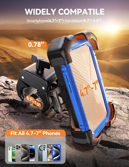 JOYROOM Motorcycle Phone Mount, [1s Auto Lock][100mph Military Anti-Shake] Bike Phone Holder for Bicycle, [10s Quick Install] Handlebar Phone Mount, Compatible with iPhone, Samsung, All Phone, Orange